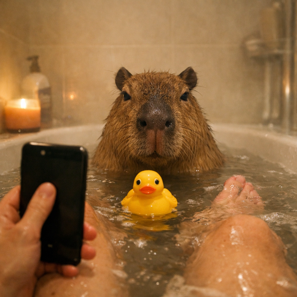 First-person view of a capybara sitting in a bathtub across from the viewer, with a rubber duck floating between them