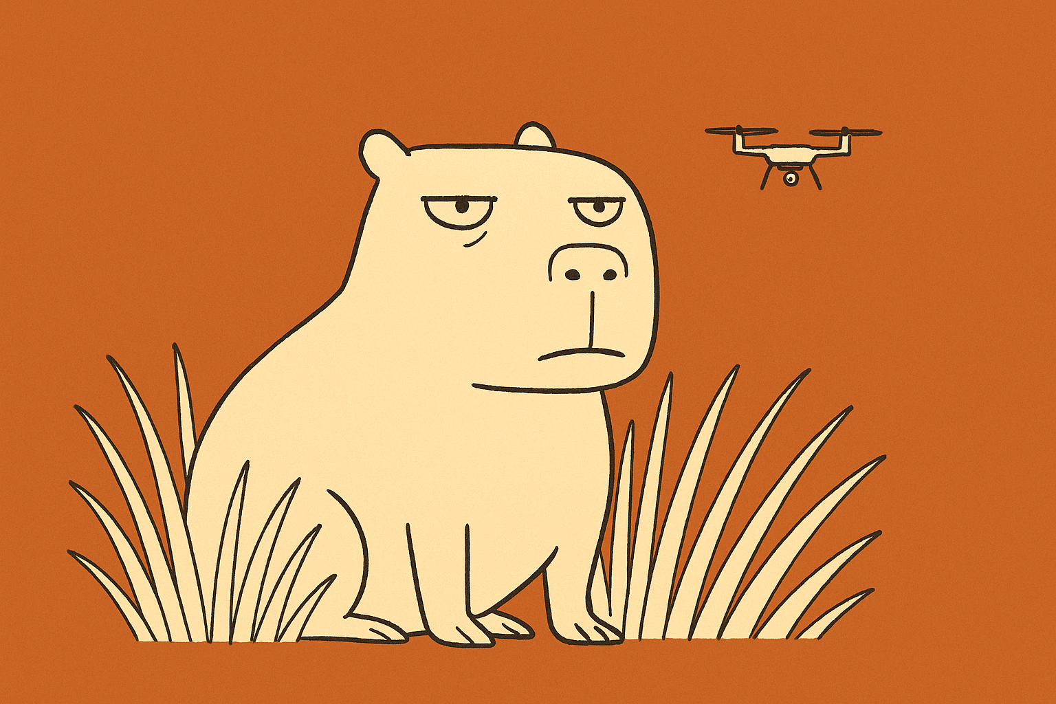 A capybara sitting still in tall grass with a drone hovering in the background