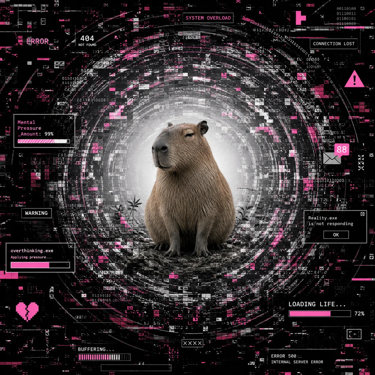 a capybara sitting completely calm inside a glowing orb while 404 errors, system overloads, and existential warnings fill the screen in neon pink