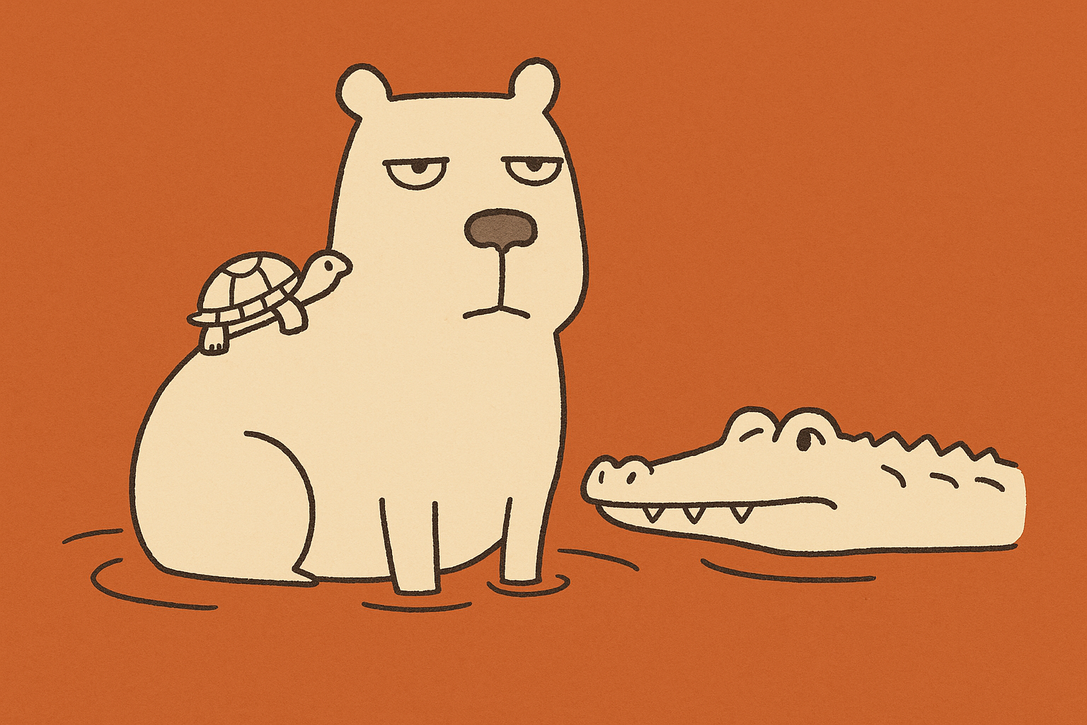 Capybara resting in shallow water beside a caiman with a turtle on its back