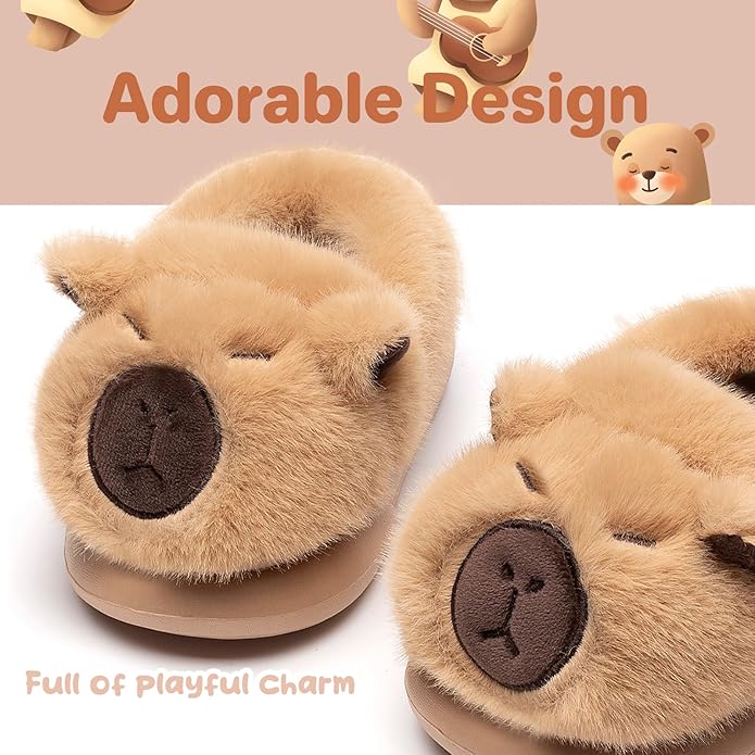 Brown capybara cartoon slippers for kids with faux fur exterior
