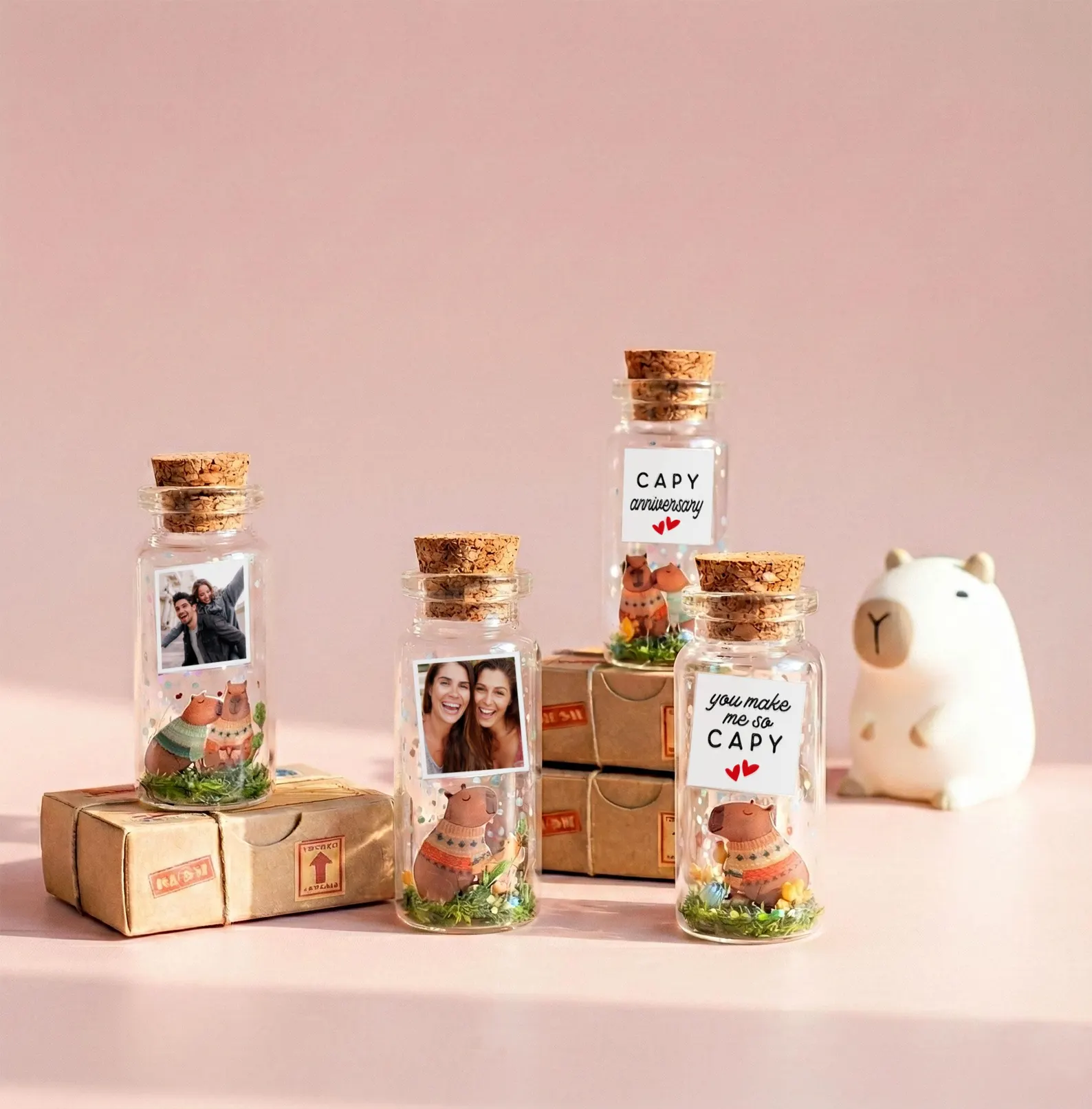 Tiny glass bottle with cork stopper containing a capybara-themed personalized message shown with wooden stand
