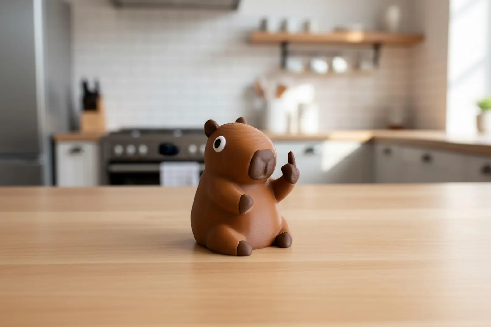 3D printed multi-color capybara figurine raising its middle finger, shown from the front