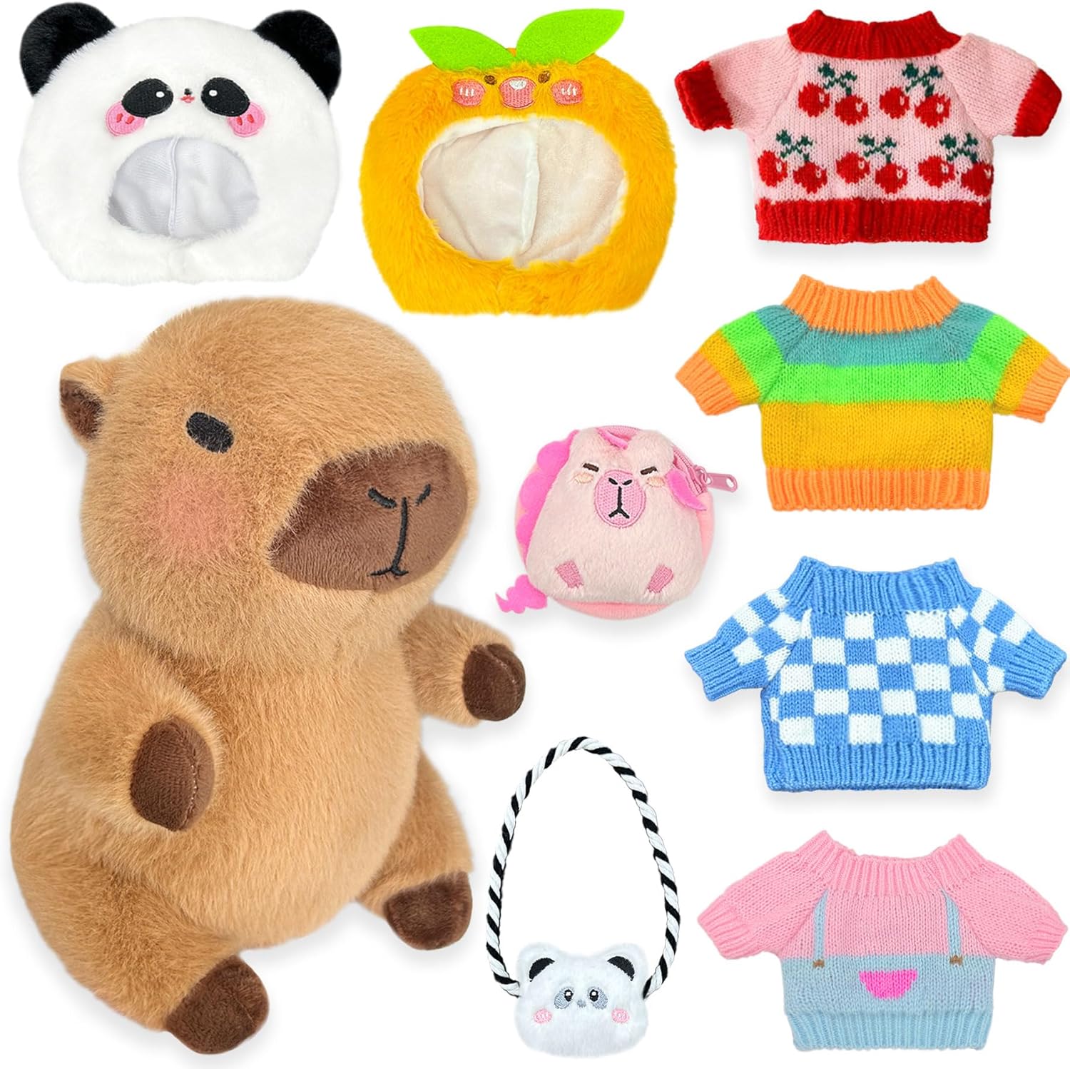 Brown capybara stuffed animal plush with tiny sweater, hat, and crossbody bag accessories