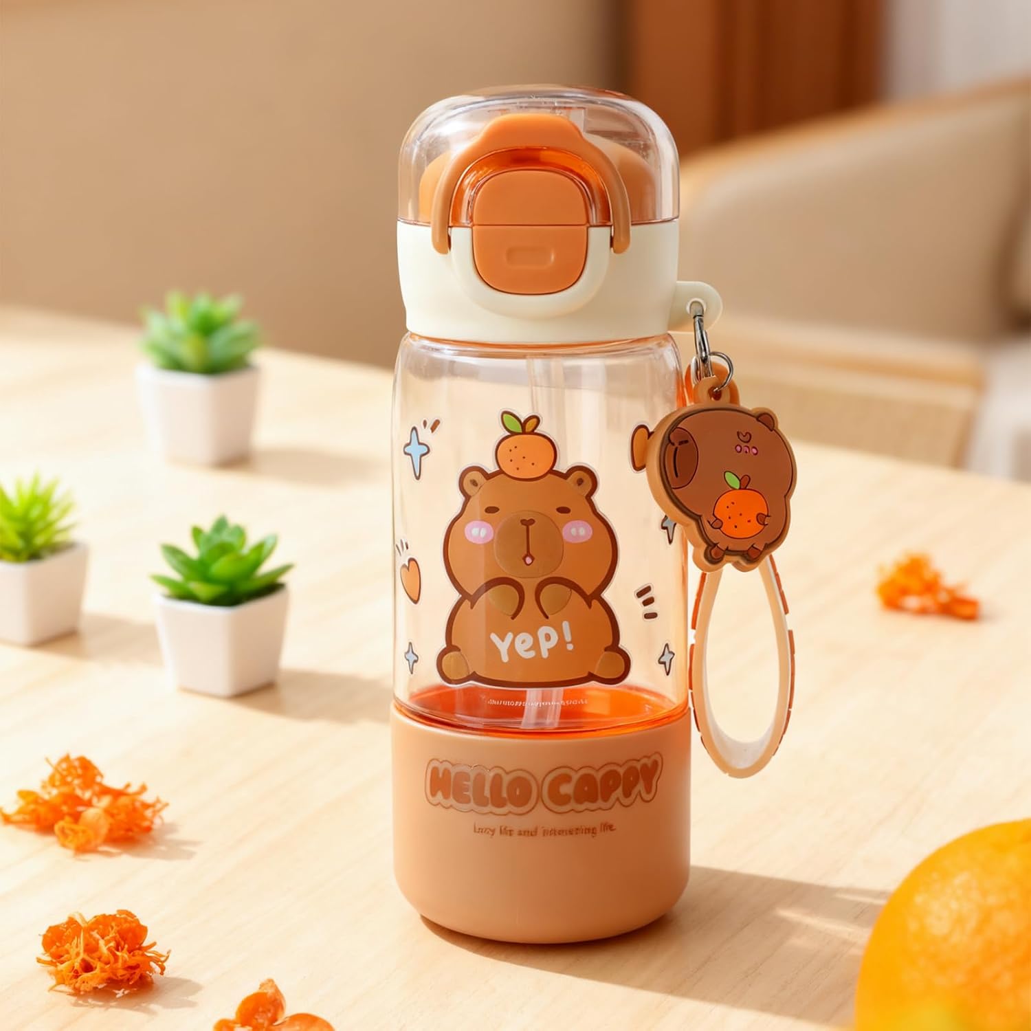 Brown capybara-themed plastic water bottle with straw lid, keychain clip, and capybara face print