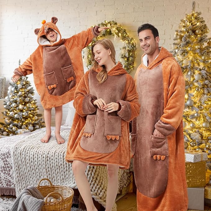 Brown capybara wearable hoodie blanket with hood up, full-length view