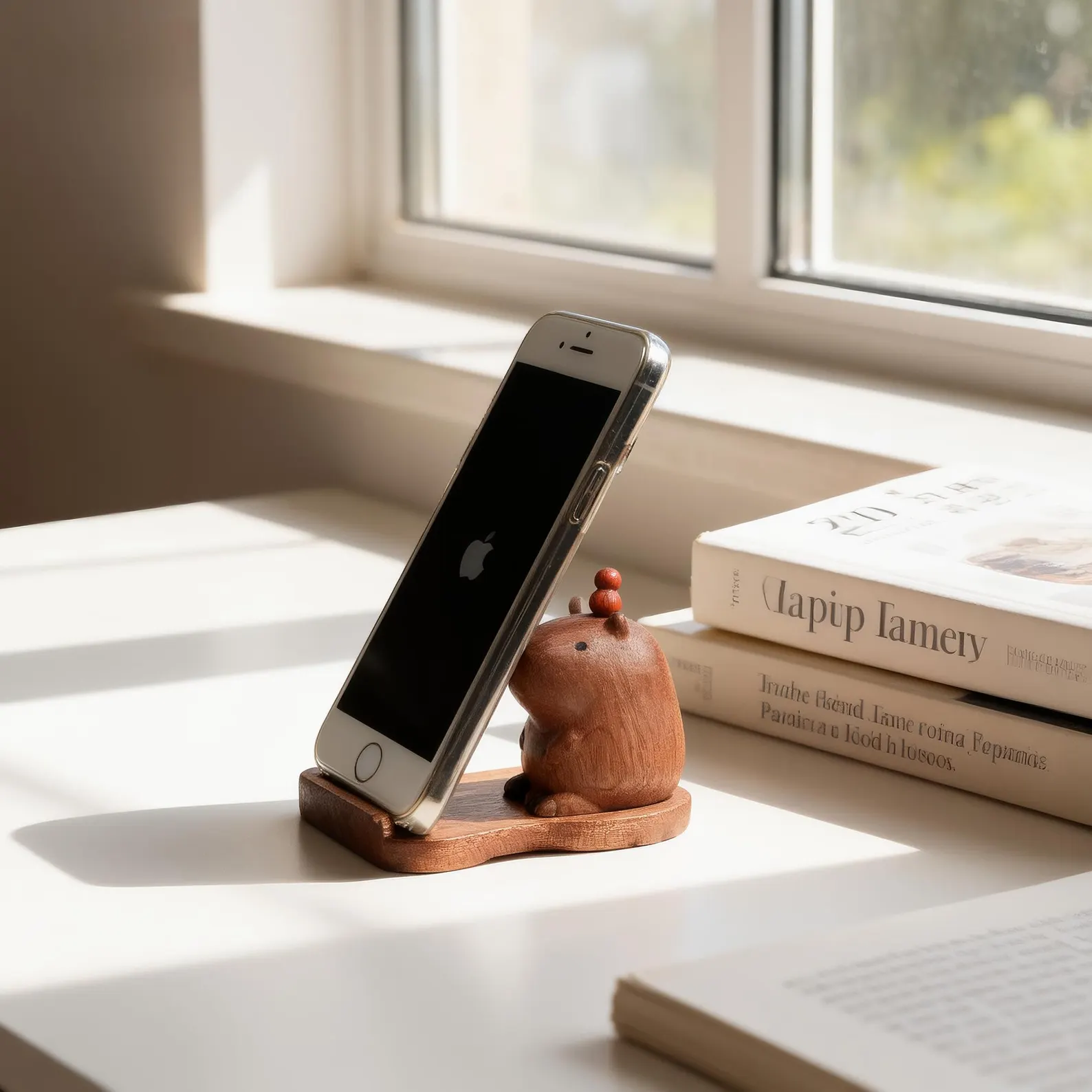 Handcarved solid ebony wood capybara figurine used as a phone stand, photographed on a flat surface