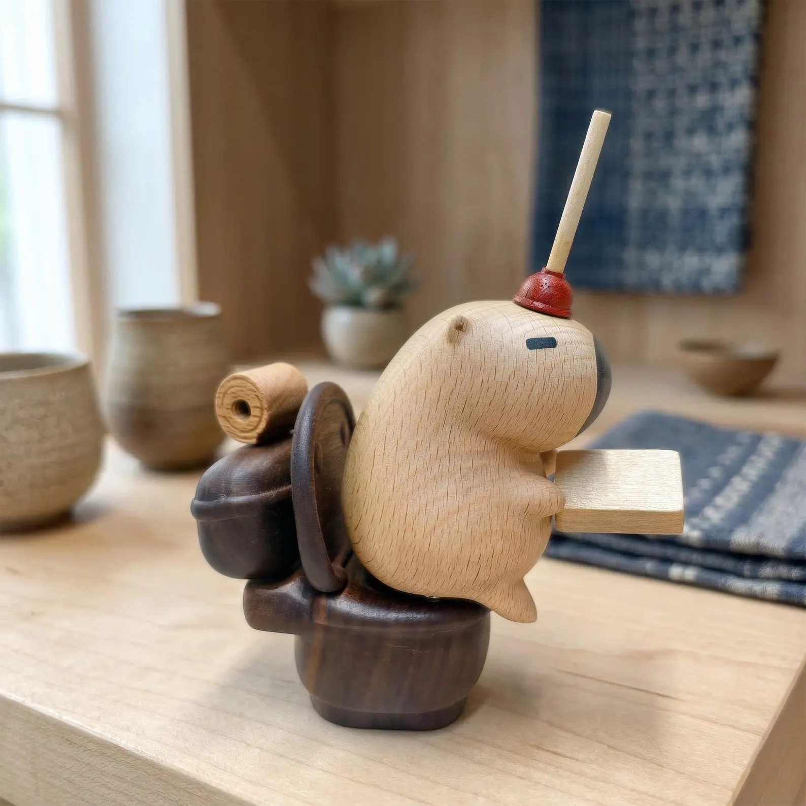 Hand-carved wooden capybara figurine seated on a miniature toilet with magnetic assembly